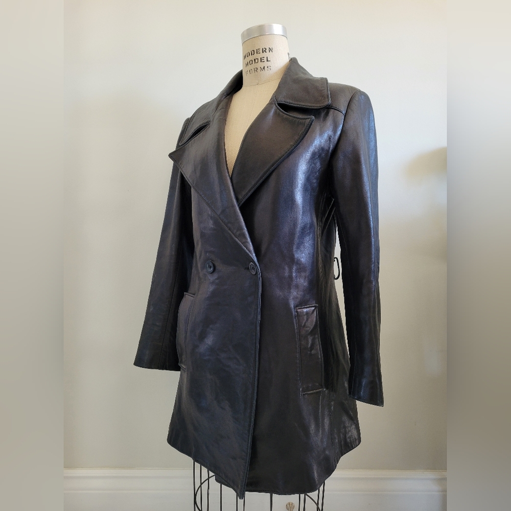 VINTAGE black leather double breasted three quarter length jacket